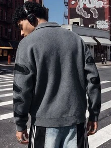 NEOSTRIT Men's Skeleton Pattern Lapel Long Sleeve Casual Sweater Pull, Sweaters Street College Style - Dark Grey - View 2