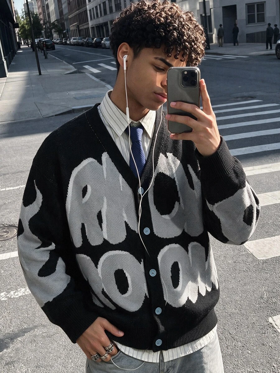 NEOSTRIT Unisex Casual Retro Abstract Letter Pattern Jacquard Knit Cardigan Sweater, Suitable For Spring, Autumn And Winter,Autumn,Streetwear,Hiking,Windbreake - Black - View 1