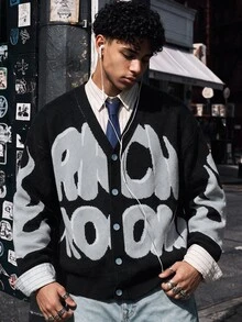 NEOSTRIT Unisex Casual Retro Abstract Letter Pattern Jacquard Knit Cardigan Sweater, Suitable For Spring, Autumn And Winter,Autumn,Streetwear,Hiking,Windbreake - Black - View 5