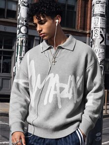 NEOSTRIT Men's Letter Print Long Sleeve Casual Loose Fit Sweater - Grey - View 3
