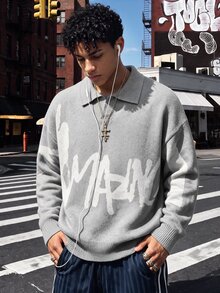 NEOSTRIT Men's Letter Print Long Sleeve Casual Loose Fit Sweater - Grey - View 4