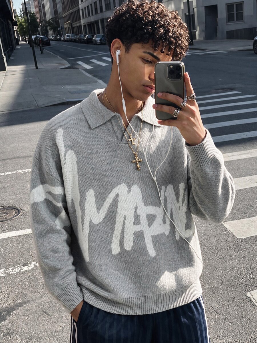 NEOSTRIT Men's Letter Print Long Sleeve Casual Loose Fit Sweater - Grey - View 1
