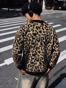 NEOSTRIT Men's Streetwear Leopard Pattern Button Placket Long Sleeve Knit Cardigan, Autumn, Streetwear, Hiking, Outdoor - Brown - View 2