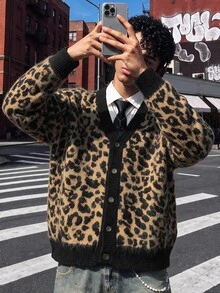NEOSTRIT Men's Streetwear Leopard Pattern Button Placket Long Sleeve Knit Cardigan, Autumn, Streetwear, Hiking, Outdoor - Brown - View 3