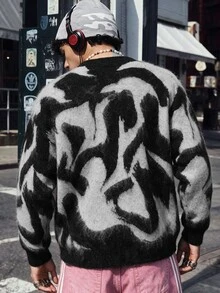 NEOSTRIT Men's Fashion Jacquard Colorblock Long Sleeve Sweater Streetwear Festival Boys Fall/Winter Daily New Pull, Sweaters - Black and White - View 2
