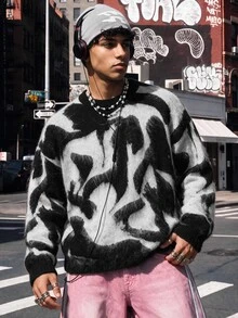 NEOSTRIT Men's Fashion Jacquard Colorblock Long Sleeve Sweater Streetwear Festival Boys Fall/Winter Daily New Pull, Sweaters - Black and White - View 4