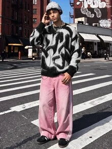 NEOSTRIT Men's Fashion Jacquard Colorblock Long Sleeve Sweater Streetwear Festival Boys Fall/Winter Daily New Pull, Sweaters - Black and White - View 5
