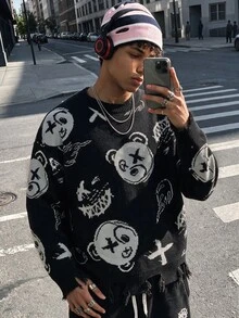 NEOSTRIT Men's Cartoon Bear Pattern Crew Neck Long Sleeve Casual Sweater Festival Boys Fall/Winter Daily New Pull, Sweaters Street College Style - Black - View 3