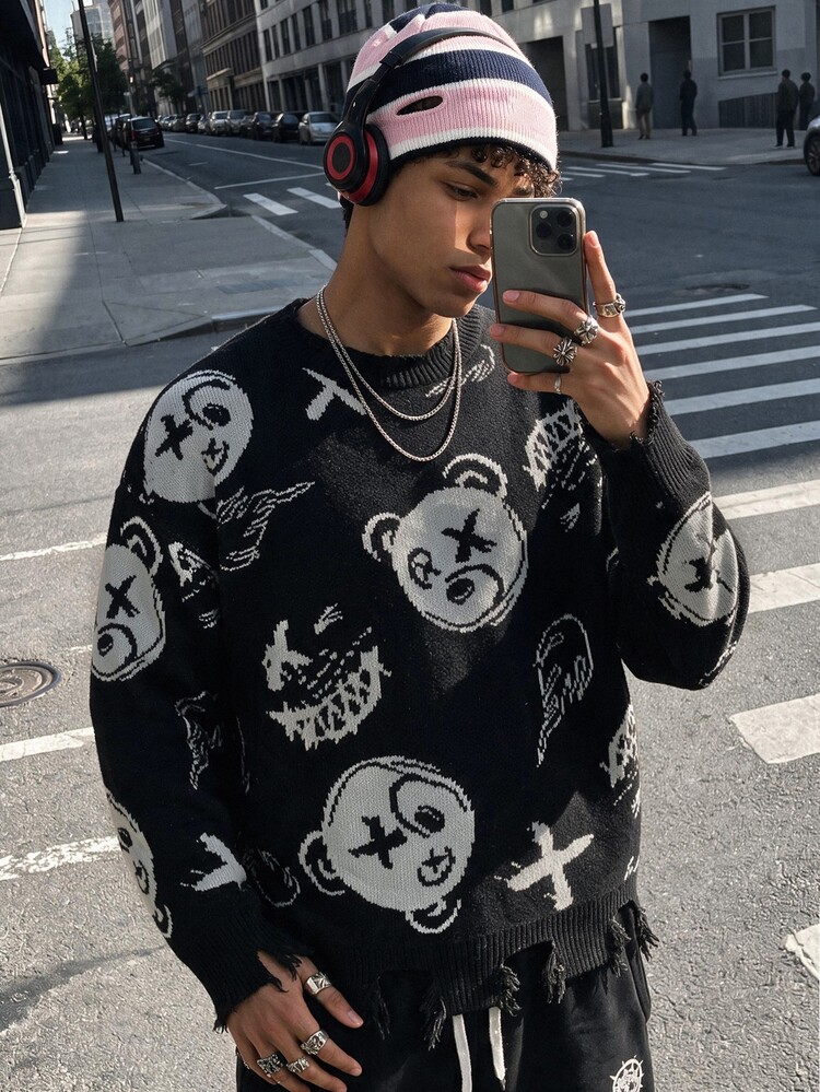 NEOSTRIT Men's Cartoon Bear Pattern Crew Neck Long Sleeve Casual Sweater Festival Boys Fall/Winter Daily New Pull, Sweaters Street College Style - Black - View 3