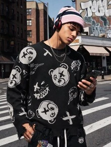NEOSTRIT Men's Cartoon Bear Pattern Crew Neck Long Sleeve Casual Sweater Festival Boys Fall/Winter Daily New Pull, Sweaters Street College Style - Black - View 6