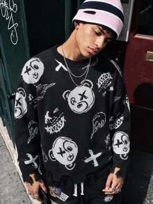NEOSTRIT Men's Cartoon Bear Pattern Crew Neck Long Sleeve Casual Sweater Festival Boys Fall/Winter Daily New Pull, Sweaters Street College Style - Black - View 4