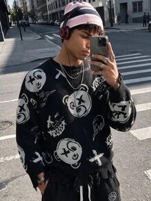 NEOSTRIT Men's Cartoon Bear Pattern Crew Neck Long Sleeve Casual Sweater Festival Boys Fall/Winter Daily New Pull, Sweaters Street College Style - Black - View 2