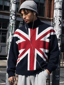 NEOSTRIT Men's British Flag Pattern High Neck Long Sleeve Casual Preppy Sweater, Autumn/Winter, For Going Out Vacation Holiday, Friends Navy Blue And White - Multicolor - View 5