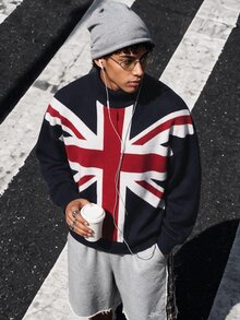 NEOSTRIT Men's British Flag Pattern High Neck Long Sleeve Casual Preppy Sweater, Autumn/Winter, For Going Out Vacation Holiday, Friends Navy Blue And White - Multicolor - View 4
