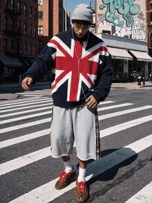 NEOSTRIT Men's British Flag Pattern High Neck Long Sleeve Casual Preppy Sweater, Autumn/Winter, For Going Out Vacation Holiday, Friends Navy Blue And White - Multicolor - View 3