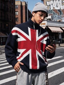 NEOSTRIT Men's British Flag Pattern High Neck Long Sleeve Casual Preppy Sweater, Autumn/Winter, For Going Out Vacation Holiday, Friends Navy Blue And White - Multicolor - View 1