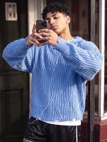 NEOSTRIT Hoodies, Men's Streetwear Colorblock Fashion Ribbed Long Sleeve Sweatshirt Y2k Couple Matching Outfit Fall Pull, Sweaters - Blue - View 5