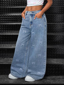 SHEIN Tween Girl Y2K Light Washed High Waist Bowknot Flowers Embroidered Pocketed Cute Oversized Wide Leg Jeans Casual Baggy Jeans - Light Wash - View 4