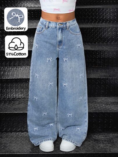 SHEIN Jeans anchos y holgados para niña preadolescente estilo Y2K, lavado claro, cintura alta, con lazo, flores bordadas, bolsillos, diseño lindo y oversize, casual