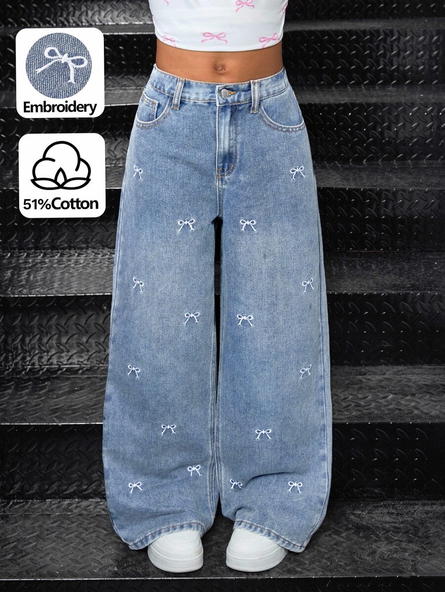 SHEIN Tween Girl Y2K Light Washed High Waist Bowknot Flowers Embroidered Pocketed Cute Oversized Wide Leg Jeans Casual Baggy Jeans - Light Wash - View 1