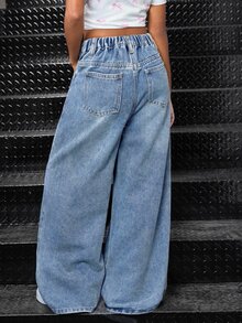 SHEIN Tween Girl Y2K Light Washed High Waist Bowknot Flowers Embroidered Pocketed Cute Oversized Wide Leg Jeans Casual Baggy Jeans - Light Wash - View 2