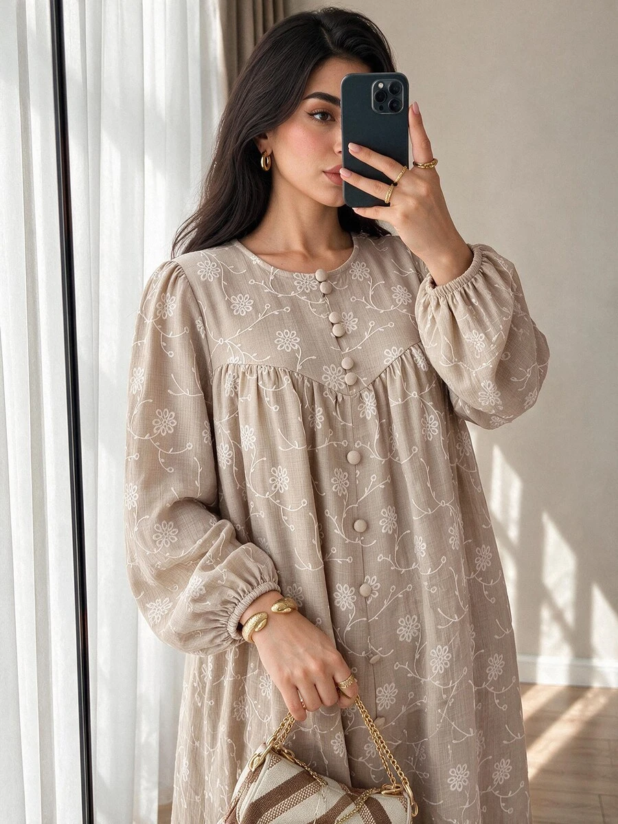 Solavon Plus Size Women's Embroidered Long Sleeve Button Design Elegant Arabian Dress - Khaki - View 1