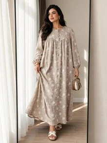 Solavon Plus Size Women's Embroidered Long Sleeve Button Design Elegant Arabian Dress - Khaki - View 6