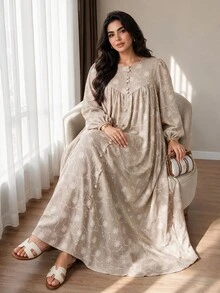 Solavon Plus Size Women's Embroidered Long Sleeve Button Design Elegant Arabian Dress - Khaki - View 3