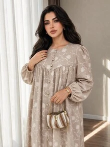 Solavon Plus Size Women's Embroidered Long Sleeve Button Design Elegant Arabian Dress - Khaki - View 4