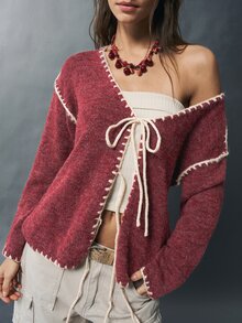 Bohemela 女款拼色前綁帶落肩長袖針織開襟衫 度假風 酒紅 秋冬 波希米亞風 - 酒紅色 - 查看 3