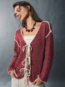Bohemela 女款拼色前綁帶落肩長袖針織開襟衫 度假風 酒紅 秋冬 波希米亞風 - 酒紅色 - 查看 5