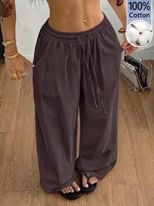 Coolane Women's Plus Size Summer Fall Elegant Going Out Vacation Casual Boho Drawstring Waist Cotton Loose High-Waist Brown Pants - Brown - View 6