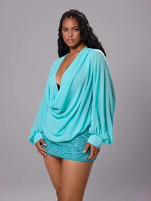 Rustia Plus Size Women Mint Green Cowl Neck Long Sleeve Blouse Autumn/Winter - Mint Green - View 5