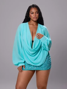 Rustia Plus Size Women Mint Green Cowl Neck Long Sleeve Blouse Autumn/Winter - Mint Green - View 4