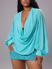Rustia Plus Size Women Mint Green Cowl Neck Long Sleeve Blouse Autumn/Winter - Mint Green - View 7