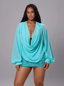 Rustia Plus Size Women Mint Green Cowl Neck Long Sleeve Blouse Autumn/Winter - Mint Green - View 6