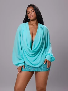 Rustia Plus Size Women Mint Green Cowl Neck Long Sleeve Blouse Autumn/Winter - Mint Green - View 3