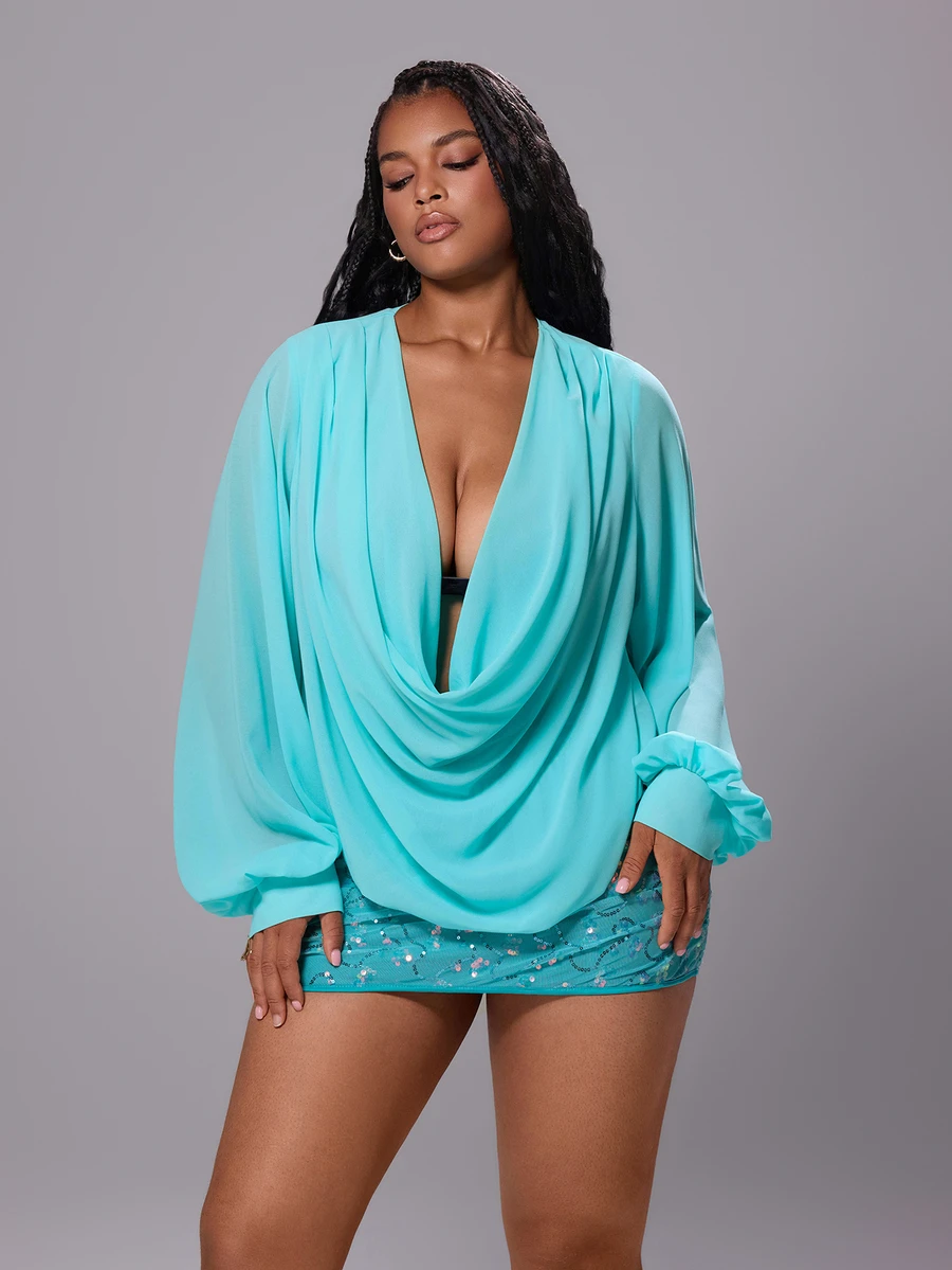 Rustia Blus Lengan Panjang Leher Kerah Warna Hijau Mint untuk Wanita Ukuran Besar Musim Gugur/Dingin - Mint Green - View 1