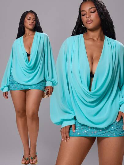 Rustia Plus Size Women Mint Green Cowl Neck Long Sleeve Blouse Autumn/Winter