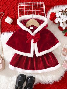 SHEIN 2pcs Baby Girl Velvet Thick Hooded Open Front Bow Decor Cape Jacket Cute Suspenders Cinched Waist Loose Ruched Dress Set Suitable For Winter Christmas - Red and White - View 5