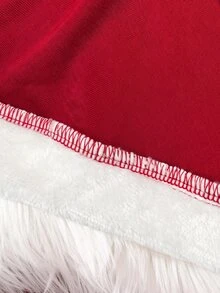SHEIN 2pcs Baby Girl Velvet Thick Hooded Open Front Bow Decor Cape Jacket Cute Suspenders Cinched Waist Loose Ruched Dress Set Suitable For Winter Christmas - Red and White - View 7