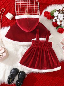 SHEIN 2pcs Baby Girl Velvet Thick Hooded Open Front Bow Decor Cape Jacket Cute Suspenders Cinched Waist Loose Ruched Dress Set Suitable For Winter Christmas - Red and White - View 2