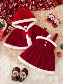 SHEIN 2pcs Baby Girl Velvet Thick Hooded Open Front Bow Decor Cape Jacket Cute Suspenders Cinched Waist Loose Ruched Dress Set Suitable For Winter Christmas - Red and White - View 1