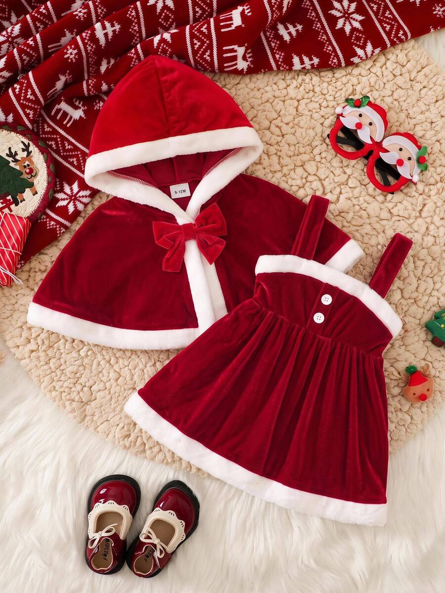 SHEIN 2pcs Baby Girl Velvet Thick Hooded Open Front Bow Decor Cape Jacket Cute Suspenders Cinched Waist Loose Ruched Dress Set Suitable For Winter Christmas - Red and White - View 1