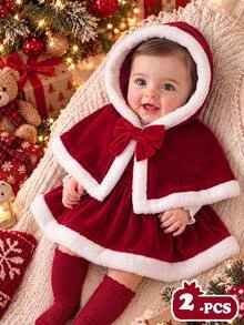 SHEIN 2pcs Baby Girl Velvet Thick Hooded Open Front Bow Decor Cape Jacket Cute Suspenders Cinched Waist Loose Ruched Dress Set Suitable For Winter Christmas - Red and White - View 3