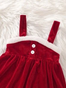 SHEIN 2pcs Baby Girl Velvet Thick Hooded Open Front Bow Decor Cape Jacket Cute Suspenders Cinched Waist Loose Ruched Dress Set Suitable For Winter Christmas - Red and White - View 6