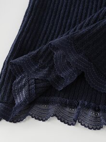 Balvessa Women's Solid Color Contrast Lace V-Neck Long Sleeve Elegant Knit Dress - Navy Blue - View 6