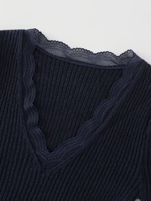 Balvessa Women's Solid Color Contrast Lace V-Neck Long Sleeve Elegant Knit Dress - Navy Blue - View 5