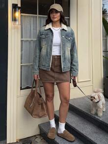 Dazy Plus Autumn/Winter New Lamb Wool Patchwork Fur Collar Denim Jacket Street Casual - Medium Wash - View 1