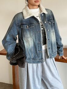 Dazy Plus Autumn/Winter New Lamb Wool Patchwork Fur Collar Denim Jacket Street Casual - Medium Wash - View 8